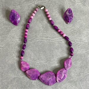 Vintage Purple Howlite Stone Statement Necklace and Clip-on Earring Set